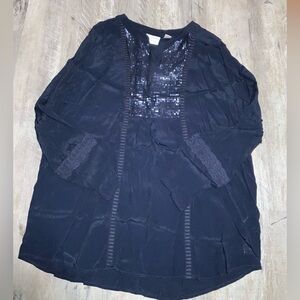 (Bin 14)  Chico’s v neck, navy sequin tunic, Size 3, Size XL/16